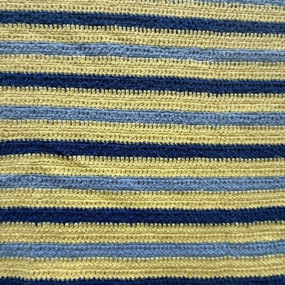 Handmade Crochet Striped Afghan 98x53 Blue Yellow Large Blanket Throw Fringe